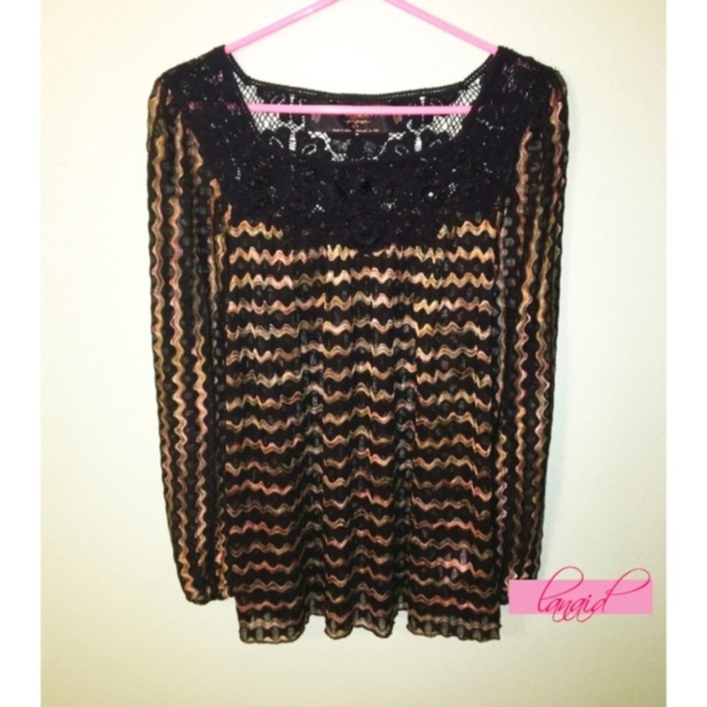 Free People Lace Crochet Striped Open Knit Cut-Outs Cutouts Beaded Tunic Blouse
